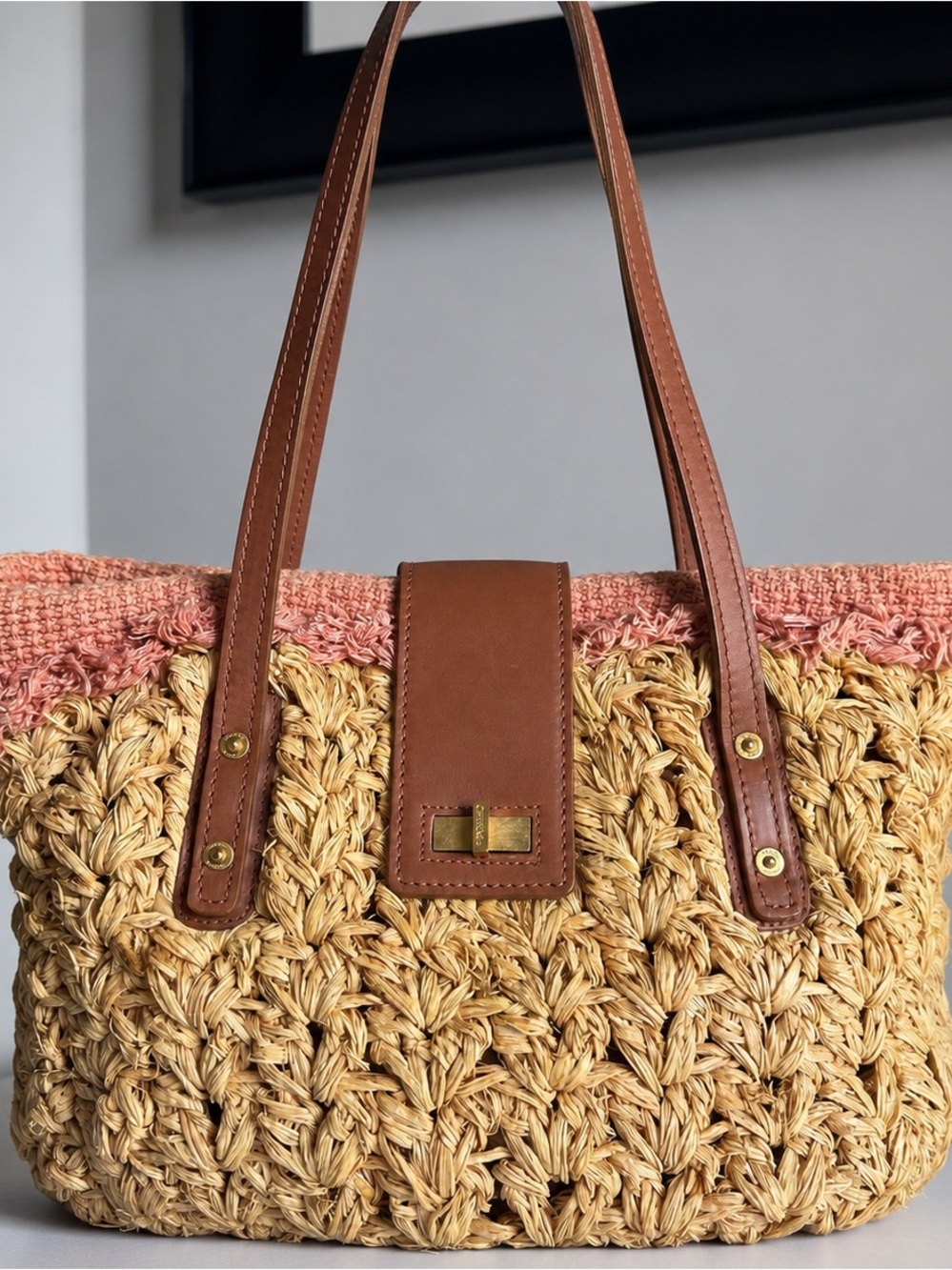 CHANEL Cruise Raffia Straw Tote Mademoiselle Lock Pink Brown RARE